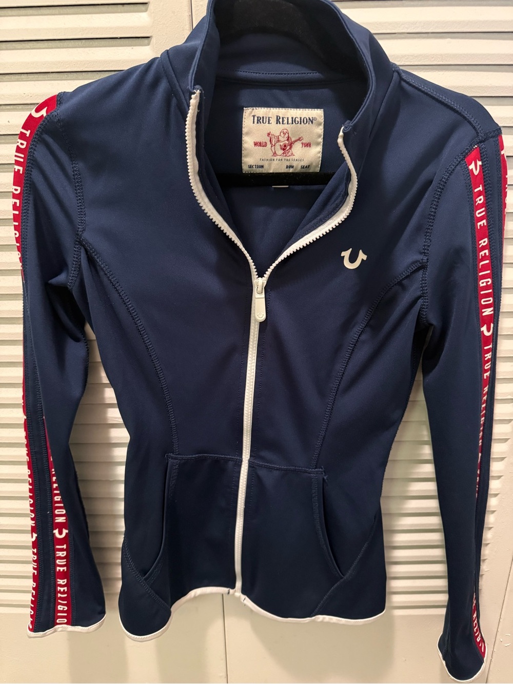 True Religion Navy Jacket with Red Shoulder Stripes